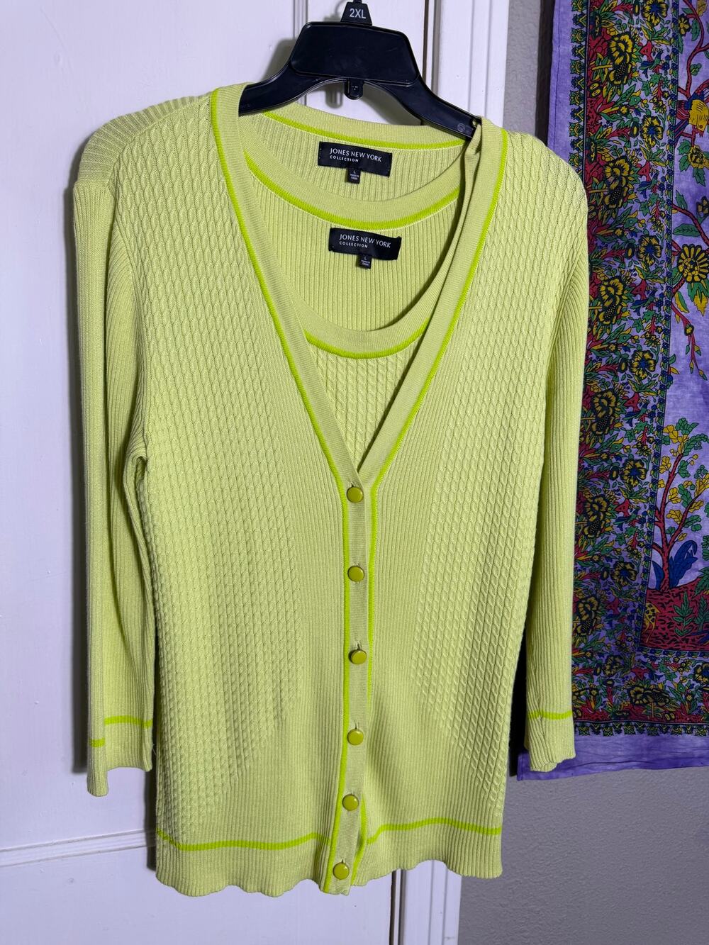 Jones New York Collection 2 Piece Set Tank Cardigan Lime Green Knit - Large